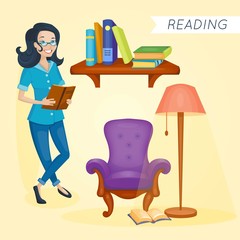 Fototapeta premium Smiling smart woman is reading the book. Vector illustration. Cartoon style