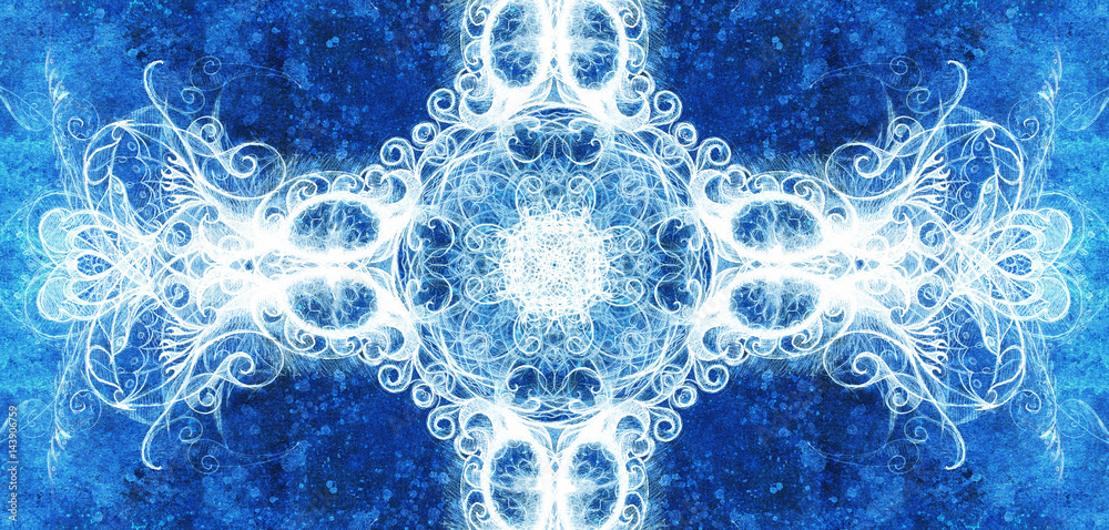 Aufkleber ornamental mandala. original hand draw and computer collage. blue color structure. winter effect.
