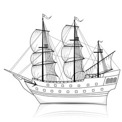 vintage ship with sails and reflection