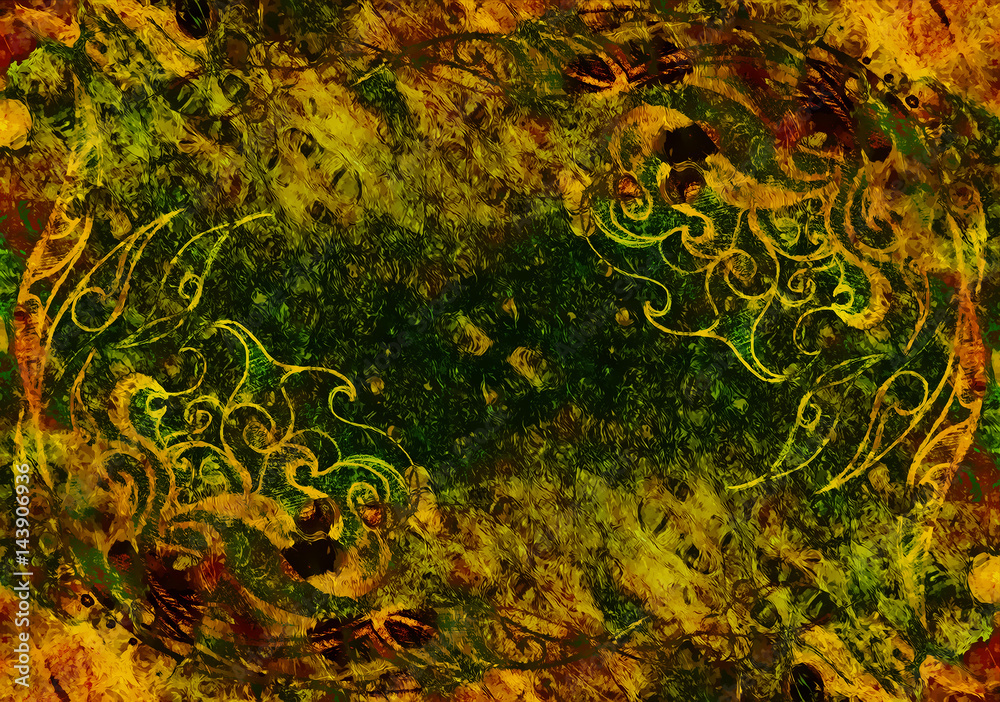 Poster ornamental drawing. original hand draw and computer collage. color structure.