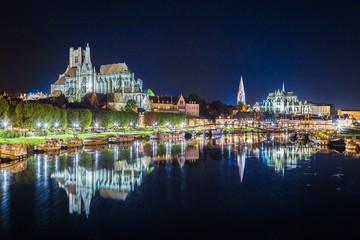 Historic town of Auxerre with Yonne river at night, Burgundy, France