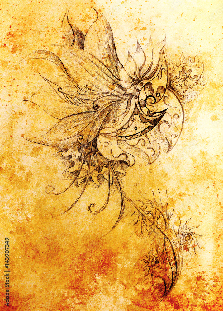 Aufkleber ornamental drawing. original hand draw and computer collage. color structure.