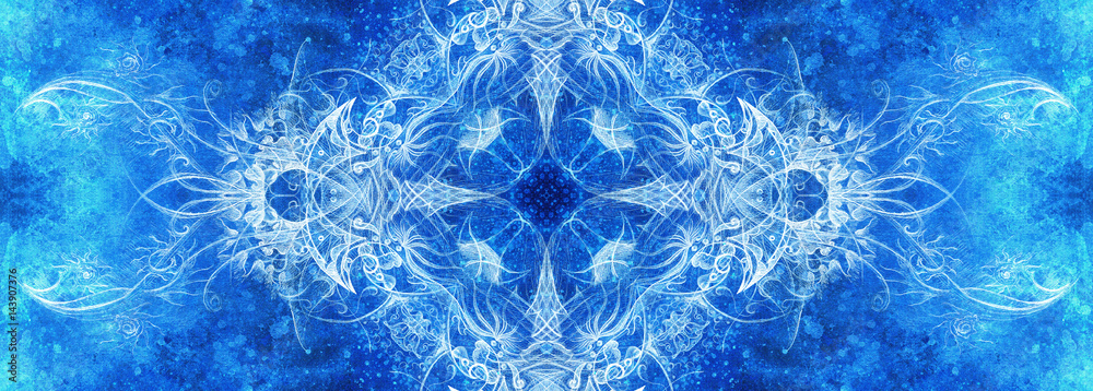 Poster ornamental mandala. original hand draw and computer collage. blue color structure. winter effect.