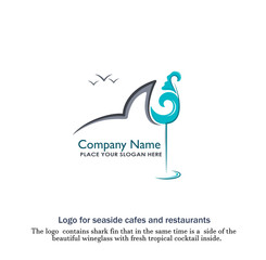 The logo  contains shark fin that in the same time is a  side of the  Beautiful wineglass with fresh tropical cocktail inside. The cocktail is posed on the shape of breeze sea wave. Seafood cafe