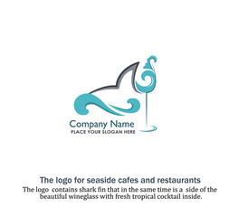 The logo  contains shark fin that in the same time is a  side of the  Beautiful wineglass with fresh tropical cocktail inside. The cocktail is posed on the shape of breeze sea wave. Seafood cafe
