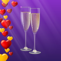 Glasses of champagne with rays of light on background. Champagne with bubbles in a wineglass, yellow and red hearts like Inflatable balloons dark on background with rays, 3D illustration