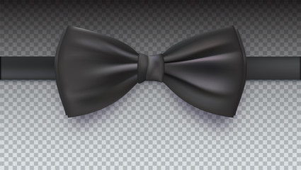 Realistic black bow tie, vector illustration, isolated on transparent background. Elegant silk neck bow.