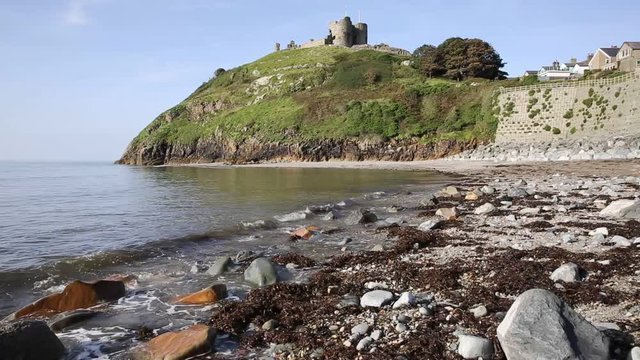 Criccieth North Wales UK historic coastal town in summer with blue sky on a beautiful day