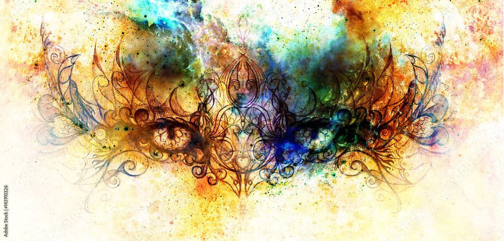 Aufkleber mystic eye and beautiful ornamental in cosmic space.. original hand draw and computer collage.