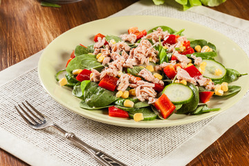Fresh spinach salad with tuna, cucumber, corn, and red paprika on a plate