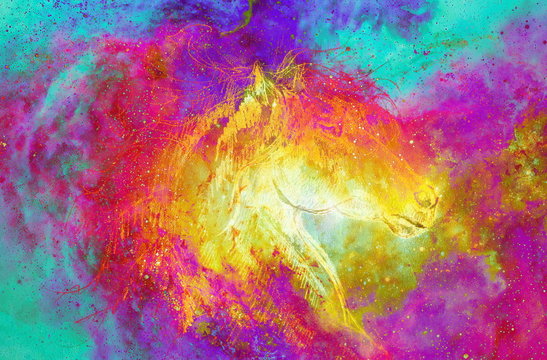 horse in cosmic space. original hand draw. Color effect.