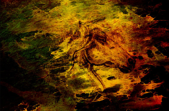 Drawing horse on old paper, original hand draw. Color effect.