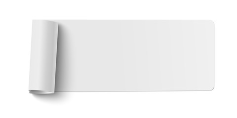 Vector oblong white sticky paper piece with rolled its end and shadow isolated on white
