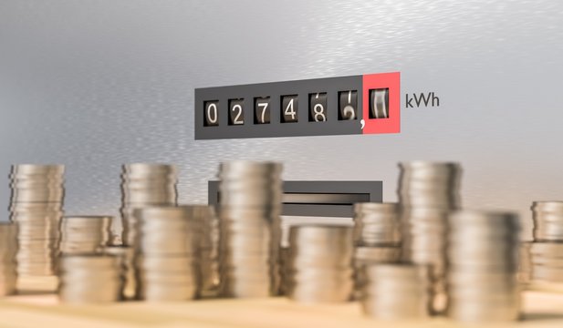 Electricity meter with many coins. Expensive energy and power consumption concept.