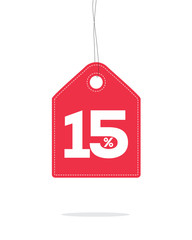 Vector red hanging price tag label designed with 15% text and stitches on it and with shadow isolated on white background. For spring summer sale campaign.
