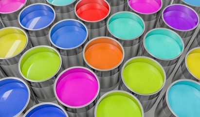 3D rendered illustration of colorful paint buckets.