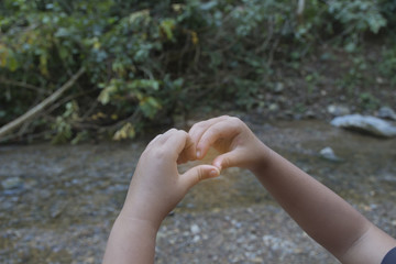heart shape her hand's nature green background
