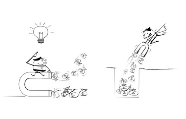 Vector illustration draw doodle businessman cartoon. Super businessman have an idea for attracts money with large magnet. Business concept for financial, business success, investments, wealth concept