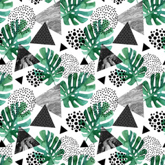 Abstrait avec des feuilles tropicales aquarelles et des triangles texturés