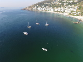 Aerial shot of Clifton Beach and boats in Cape Town