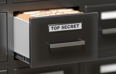 Top secret files and documents in cabinets in office. 3D rendered illustration.