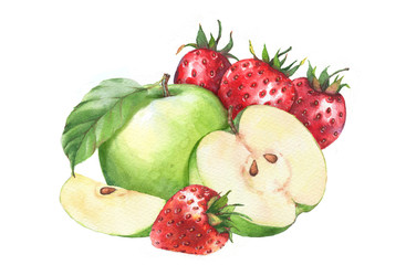 Hand-drawn watercolor fruits clip art. Isolated illustration of the green apples and red juicy strawberries on the white background. Food drawing for package, poster, banner, advertisement.