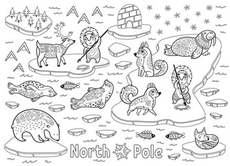 Outline North Pole animals, eskimos and yurt