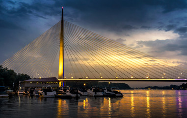 Fototapeta na wymiar Beautiful Ada bridge in Belgrade, Serbia at Sunset