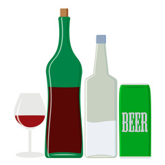 alcohol drinks: vodka and wine, beer. Isolated objects.