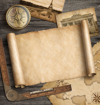 Old map background with compass. Adventure and travel concept. 3d illustration.