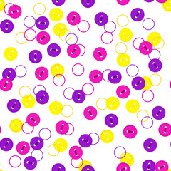 Vector seamless pattern with random colorful violet, yellow and rose magenta color buttons on white background. For thematic invitation, scrap paper, wallpaper, textile, fabric, web page, cover, etc.