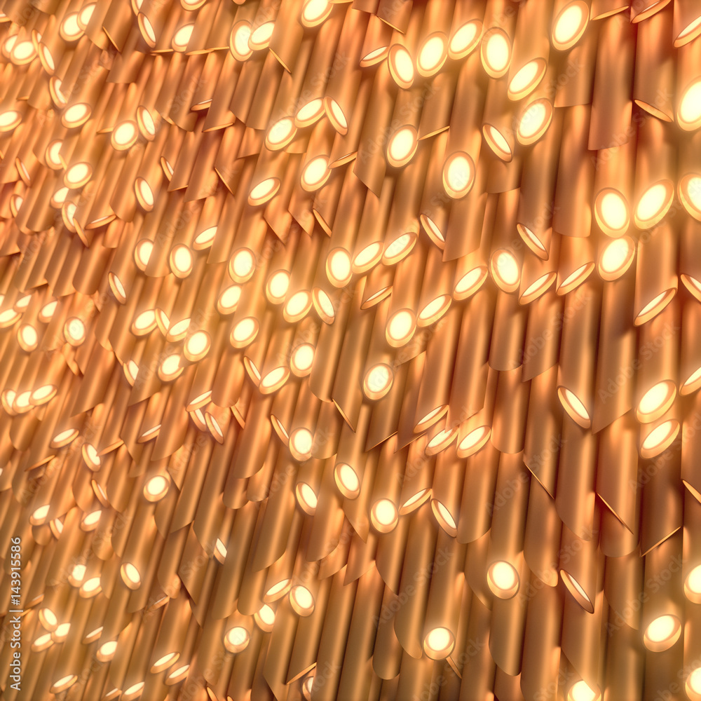 Poster gold ylinders with lamps at the ends. 3d rendering