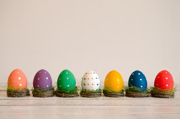 Easter eggs hand painted sitting in nests on white background. Happy Easter
