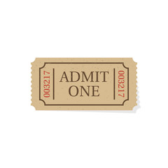 Ticket isolated on white background. Retro cinema theater ticket. Vector illustration flat style design. Coupon on concert. Access entertainment. Pass permission.