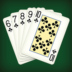 Straight Flush of Clubs from Six to Ten - playing cards vector illustration