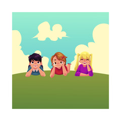 Three happy children lying on green grass under summer sky, colorful cartoon vector illustration. Kids, children, friends, girls and boys, lying on grass together, summer activity