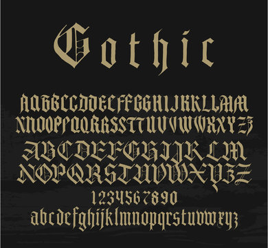 medieval gothic font with capitals, lowercase and small caps and numbers alternatives