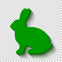 Blank green flat side silhouette of a rabbit with long shadow isolated on transparent background. Vector illustration. EPS10
