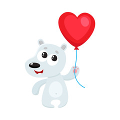Cute and funny bear holding red heart shaped balloon, cartoon vector illustration isolated on white background. Bear holding heart balloon, birthday greeting decoration