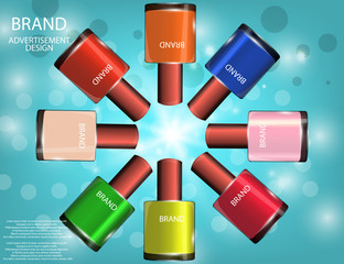 Colorful nail lacquer template, glossy bottles on the sparkling effects background