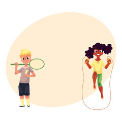 Black African girl and Caucasian boy playing with jumping rope and badminton racket at playground, cartoon vector illustration with space for text. Friends having fun at the playground