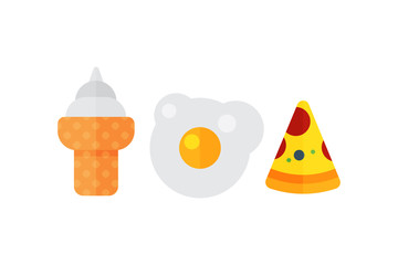 Set of colorful cartoon fast food eggs icon isolated restaurant tasty american pizza meat and unhealthy burger meal vector illustration.