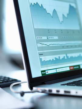 Share price data from investor's portfolio on a laptop computer screen
