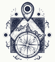 Mountain, map pointer and compass tattoo Adventure, travel, outdoors, symbol. Compass, mountains boho style, t-shirt design