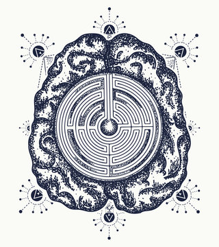 Brain and labyrinth tattoo art. Symbol of philosophy, artificial intelligence, psychology, creative thinking. Ingenious brain t-shirt design