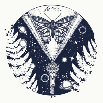 Universe and butterfly tattoo art. Symbol of esoterics, mysticism, astrology, dream. Surreal Universe, planet and star t-shirt design