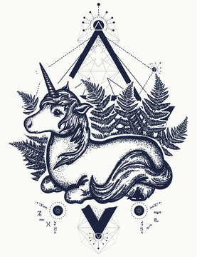 Unicorn tattoo art. Symbol of fantasy, dreams, souls. Beautiful unicorn in a triangle t-shirt design
