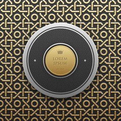 Round text banner template on golden metallic background with seamless geometric pattern. Elegant luxury style.