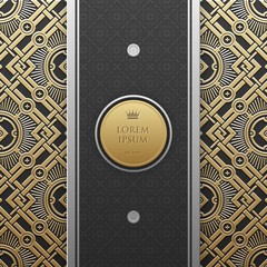 Vertical banner template on golden metallic background with seamless geometric pattern. Elegant luxury style.