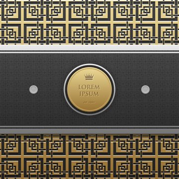 Horizontal banner template on golden metallic background with seamless geometric pattern. Elegant luxury style.